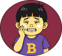Sad little boy suffering from toothache holding cheek, crying child in pain cartoon vector illustration