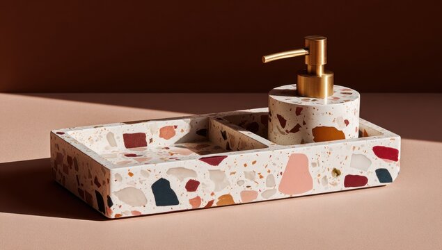 Rectangular tray and dispenser made of multicolored stone chips.