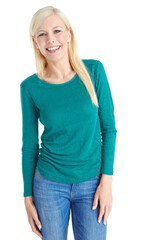 Fototapeta premium Portrait, woman and smile in studio with positive attitude for free time, wellness and weekend break. Space, happy female person and relax on white background with optimism, confidence and good mood.