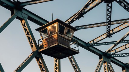 A detailed view of a small control booth suspended within the intricate steel truss framework of a large industrial bridge against a clear sky.