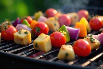 Empty rustic barbecue grill with artfully arranged raw kebab skewers and fresh ingredients, no people. A rustic, weathered metal barbecue grill, empty and clean. Arranged artfully on a simple wooden