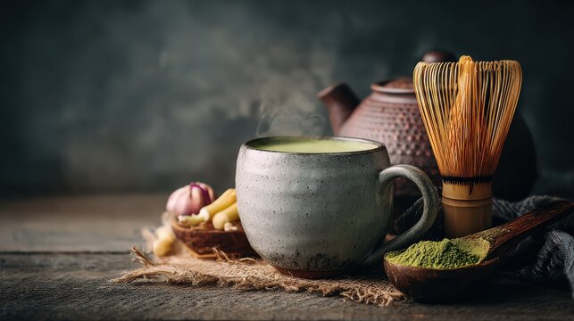 Steaming preparation of powdered green beverage set against a dark, rustic backdrop - Powered by Adobe