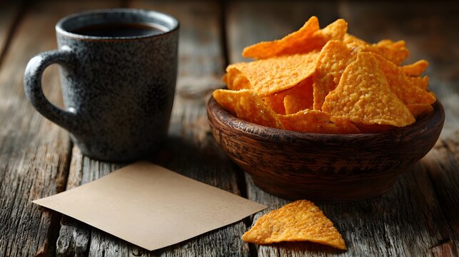 Cozy and casual snack scene with a mug full of crispy nacho chips on a rustic wooden table, with a blank piece of paper for a personal note.