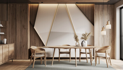 Modern luxury hotel room interior design with wooden floor and dining table with chairs