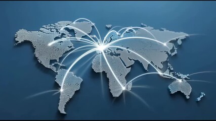 Futuristic animation of a dotted world map showing glowing lines connecting continents from a central hub in europe, representing global business, travel, communication, and technology - Powered by Adobe