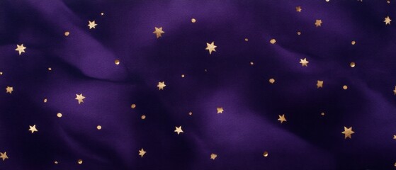 Magical Dark Purple Fabric Background with Golden Stars and Dots Pattern