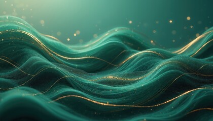 Abstract waves of emerald green fabric with gold thread accents, sparkling lights. Smooth fluid motion creates elegant, luxurious backdrop for design celebration themes, suggesting wealth, serenity.