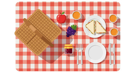 a top view flat lay of summer picnic spread with sandwiches fruit juice and a basket on a red checkered blanket.