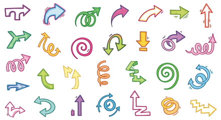a vibrant collection of hand drawn doodle arrows illustrating direction movement and options for creative graphic design