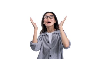 Cheerful Asian woman wearing glasses in casual clothing, isolated on white background, expressing surprise or joy, perfect for template or design
