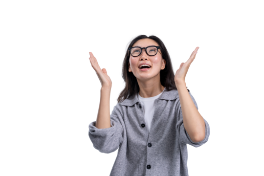 Cheerful Asian woman wearing glasses in casual clothing, isolated on white background, expressing surprise or joy, perfect for template or design