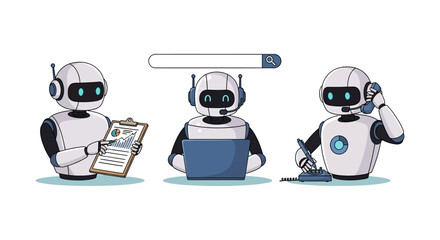 ai business robots performing data analysis virtual assistant and customer service tasks illustrating automation and future of work technology.