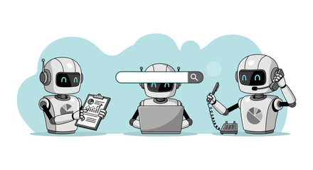ai business solutions three robots analyze data search online and provide customer support illustrating automation and digital transformation.