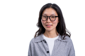 Asian woman with glasses smiling gently, wearing a grey shirt, isolated on a clean white background. Perfect for template, layout, or design concept