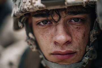 Intimate close-up of a soldier's face, capturing raw emotion under soft, natural light, with a blurred background of chaos