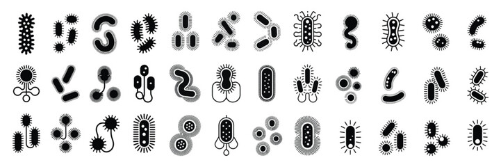 Bacteria icons in black and white, illustrating different types of germs