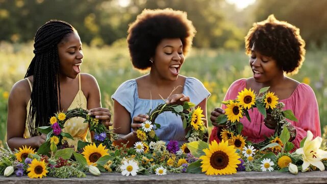 Four friends gather under the warm sun, joyfully creating flower arrangements. Laughter fills the air as they share ideas using bright sunflowers and colorful blooms.