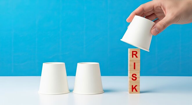 Hand covering risk blocks with a cup, symbolizing hidden danger