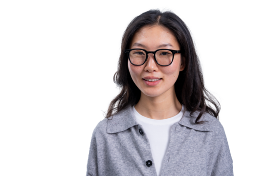 Asian woman with glasses smiling gently, wearing a grey shirt, isolated on a clean white background. Perfect for template, layout, or design concept