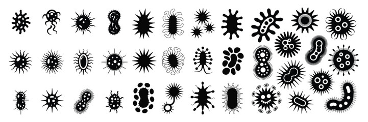Diverse collection of black and white bacteria cells and virus icons