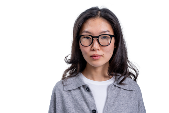Asian woman wearing glasses and a grey cardigan, isolated on a clean white background, perfect for use in templates, layouts, or transparent PNG designs