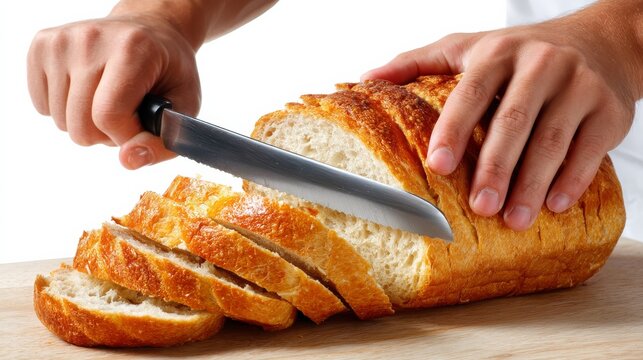 A human hand slicing fresh bread with a serrated knife on a wooden cutting board against a white background