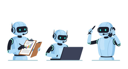 ai robots doing office tasks data analysis computer work and customer support representing modern business automation.