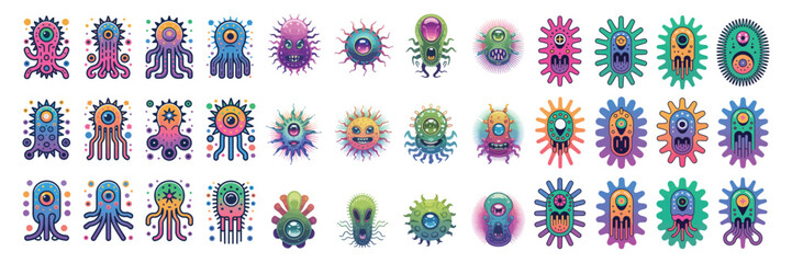 Unique cartoon alien creatures in vibrant colors for playful designs