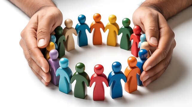 Hands protecting a diverse group of colorful people figures in a circle
