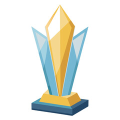 A modern geometric trophy illustration with sharp crystal shapes, golden highlights, and clean reflections, isolated on a white background