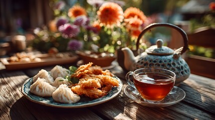 Delightful outdoor tea party in a blooming garden with dumplings, snacks, and tea on a wooden table. Vibrant flowers blur in the background.