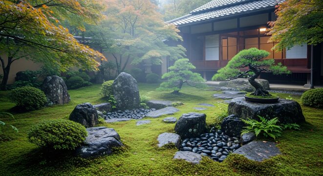 Find serenity in this tranquil Japanese garden with bonsai trees, mossy rocks and zen atmosphere, perfect for travel blogs or wellness content inspiration