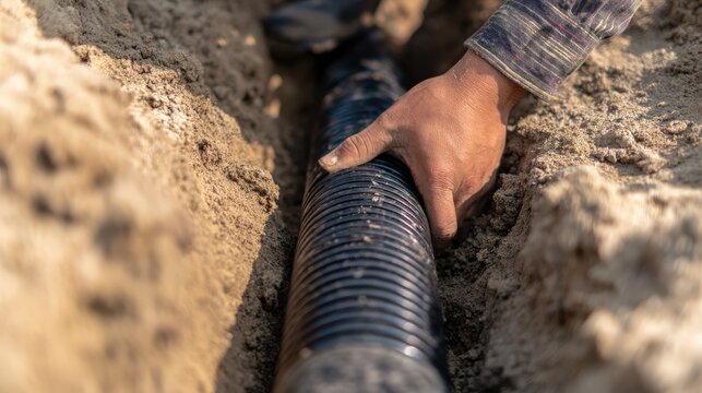 Construction worker installs corrugated drainage pipe within a narrow trench dug into soil