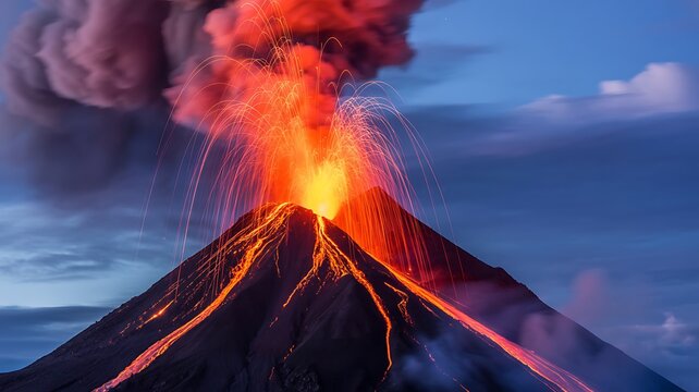 Fiery volcano eruption with lava flowing downside at dusk - Powered by Adobe