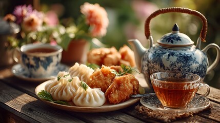 Delightful outdoor tea party in a blooming garden with dumplings, snacks, and tea on a wooden table. Vibrant flowers blur in the background.