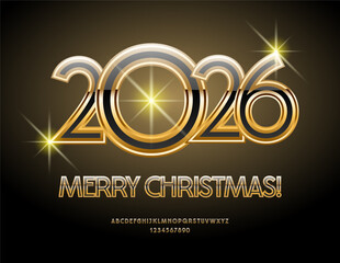 Vector Classy Greeting Merry Christmas 2025! Unique Luxury Font. Chic Elite Alphabet Letters and Numbers set.