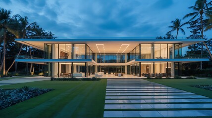 Fototapeta premium Modern luxury mansion with glass walls and palm trees at dusk