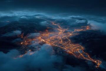 Dreamy aerial perspective reveals sprawling cities bathed in twilight, intricate streets form organic shapes against a backdrop of shimmering clouds
