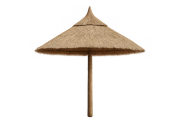 Traditional thatched tiki umbrella providing shade, capturing a tropical, relaxing, and holiday vacation mood, transparent background
