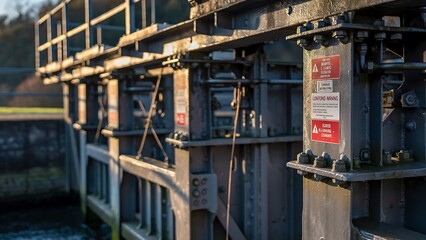 Metal floodgates line a canal system, showcasing industrial infrastructure. Ideal for illustrating water management, infrastructure development, or environmental engineering concepts.
