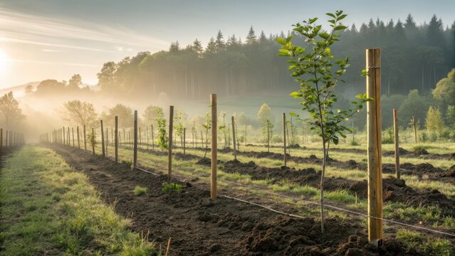 Newly planted saplings protected by stakes in a field at sunrise