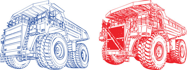 Large Mining Trucks Heavy Duty Machinery Vehicle Outlines in Blue and Red Heavy Industrial Transportation Blueprint Construction Equipment Concept for Industry Designs