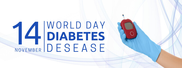 Blue-gloved hand with glucose meter for diabetes awareness