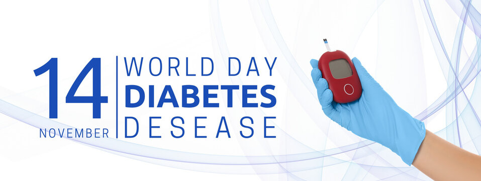 Blue-gloved hand with glucose meter for diabetes awareness