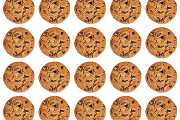 Chocolate chip cookies on white, top view, isolated, PNG