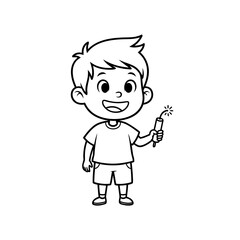 Fototapeta premium Monochrome Outline of Happy Boy Holding Lit Celebration Firecracker