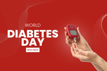 Hands with a red glucose monitor on red background