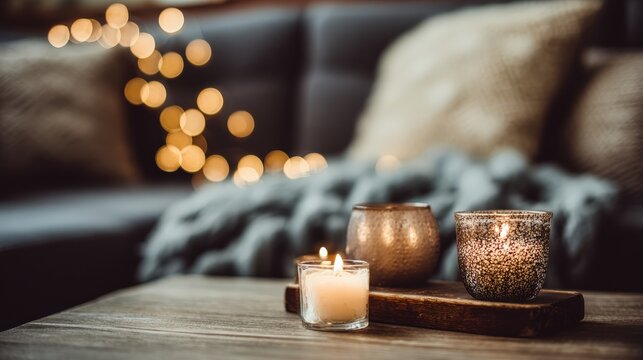Warm ambient lighting illuminates several candles arranged on a wooden surface indoors