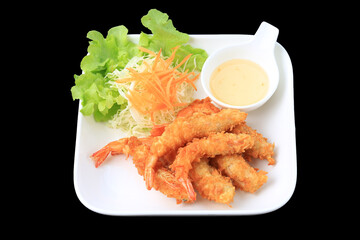 Crispy Batter Fried Prawns garnished with shredded cabbage and carrots, Food photography for use in menus