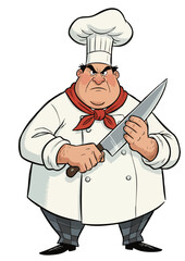 Professional angry, heavy-set chef holding large knife. Intense cook vector illustration. Chef with cleaver, grumpy gourmand. Kitchen boss, head chef. Culinary restaurant boss, food service mascot